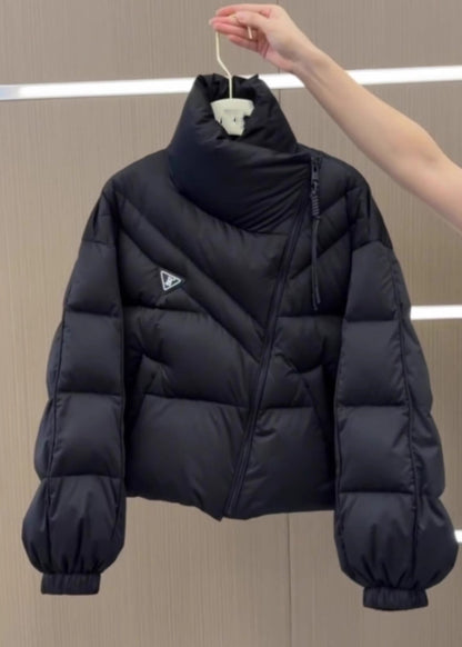 Stylish Black Stand Collar Zippered Patchwork Parka Puff Sleeve