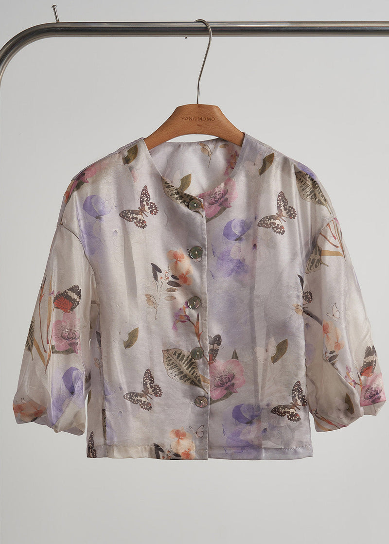 Purple Oversized Print Cotton Shirt Top Fall