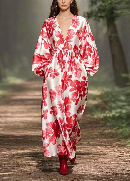 Red V Neck Print Pockets Silk Maxi Dresses Spring