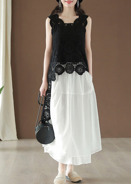Black Asymmetrical Hollow Out Low High Design Cotton Top Summer