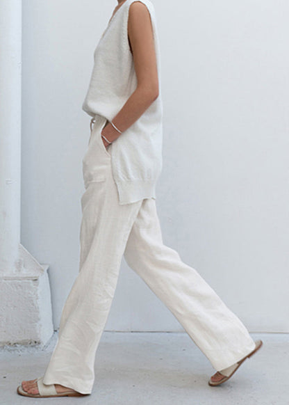 Beige Pockets Lace Up Linen Straight Pants Spring
