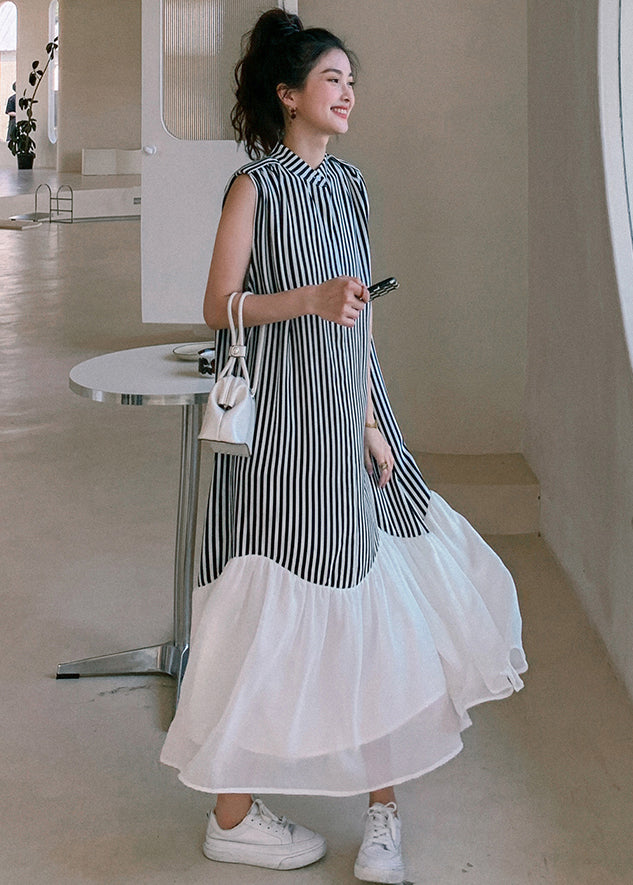French Striped Stand Collar Patchwork Chiffon Dresses Sleeveless