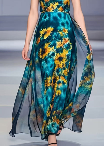Peacock Blue Chrysanthemum Print Chiffon Dress Summer