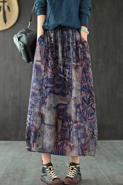 Retro Print Elastic Waist Wild Skirt