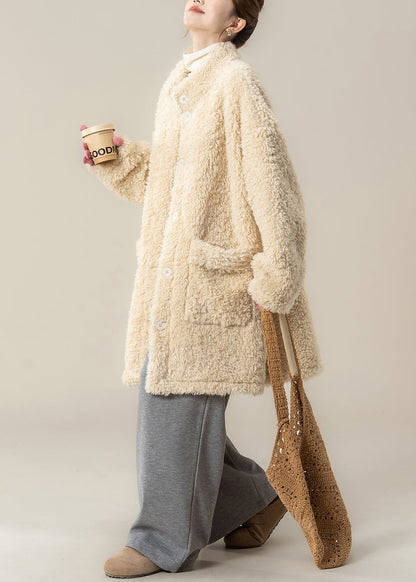 Apricot Stand Collar Pockets Teddy Coat Winter