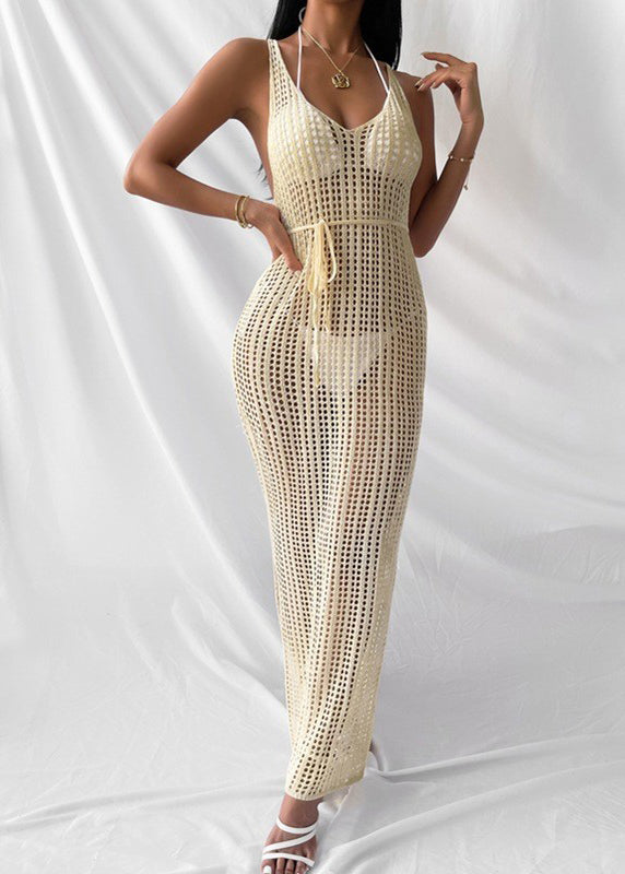 Modern White V-neck Hollow Out Low High Design Maxi Knit Swimwear Cover Up Dress