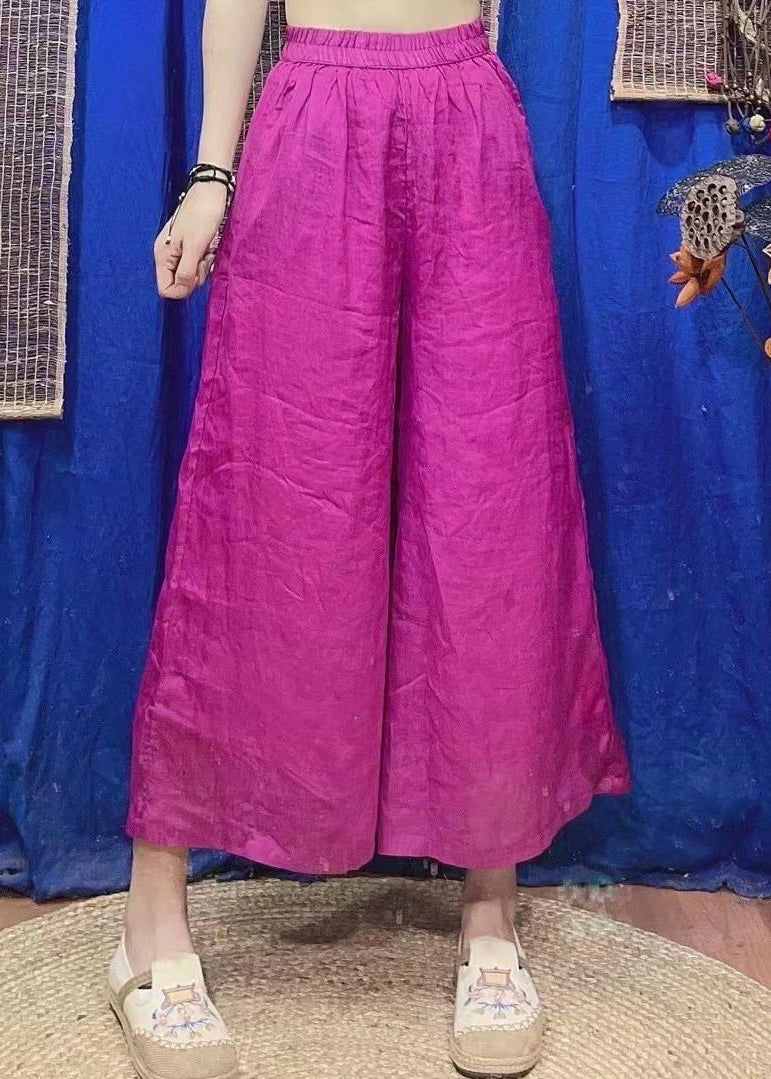 Loose Rose Pockets Elastic Waist Linen Crop Pants Summer
