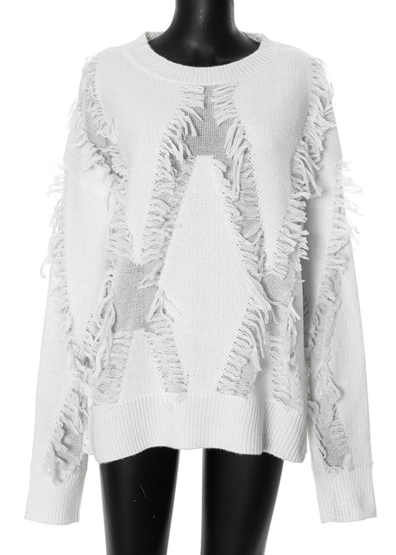 New White O Neck Tassel Knit Sweater Tops Fall