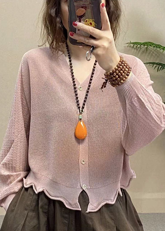Simple Pink V Neck Button Ice Silk Upf 50+ Coat Summer