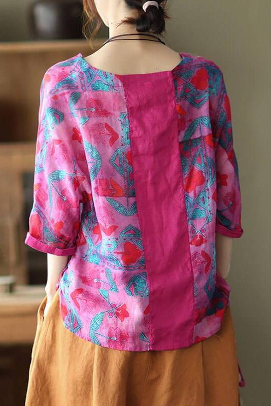 Print Ramie Loose Cinched T-shirt