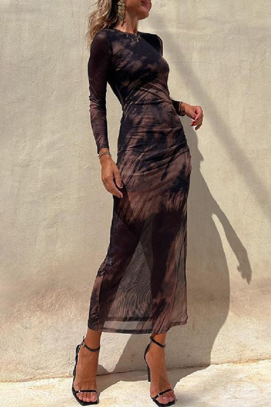 Gradual Change Print See-through O Neck Long Sleeve Dresses(3 Colors)