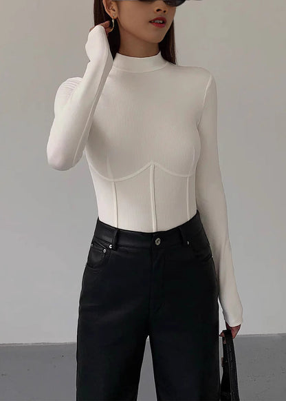 White Half Hign Neck Patchwork Slim Fit Cotton Top Spring