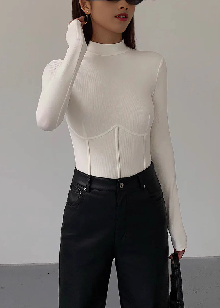 White Half Hign Neck Patchwork Slim Fit Cotton Top Spring