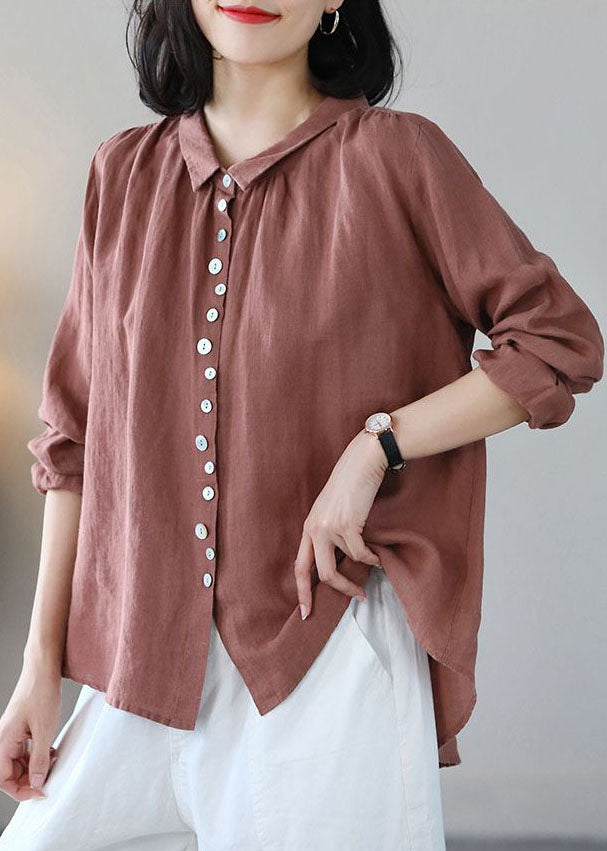 Pink Linen Blouse Top Turn-down Collar Button Long Sleeve