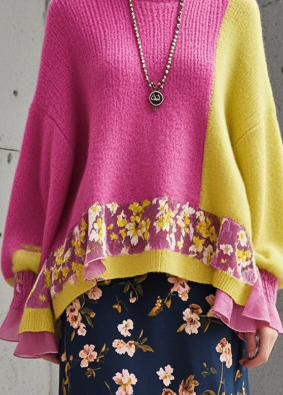 Rose Oversized Patchwork Cozy Knit Sweater Fall