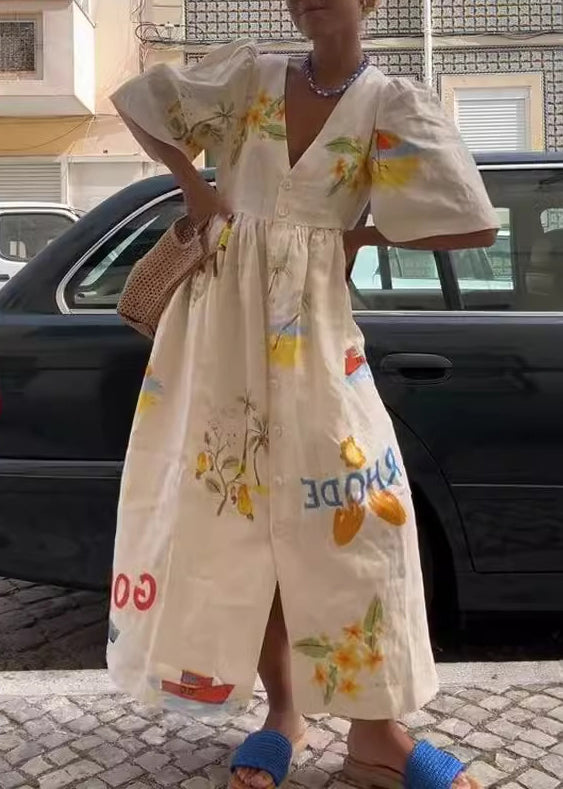 Unique White V Neck Print Button Cotton Long Dresses Summer