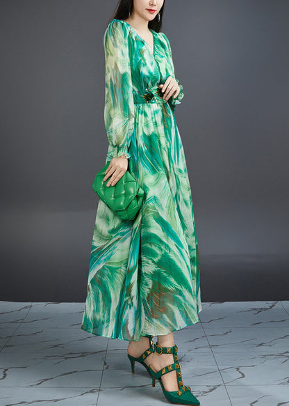 Green V Neck Print High Waist Chiffon Dress Butterfly Sleeve