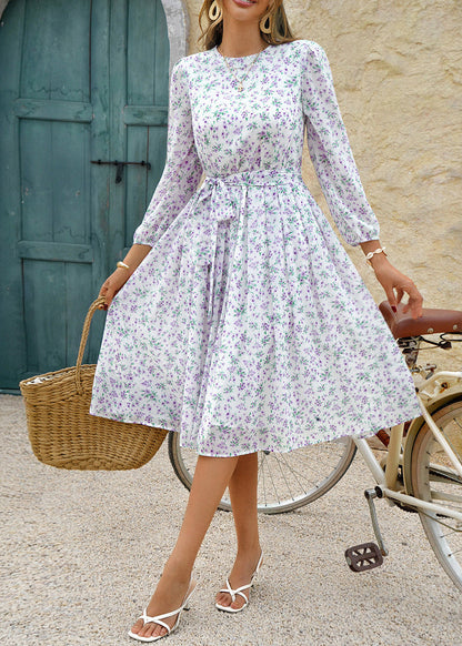 Stylish White O Neck Print Tie Waist Chiffon Dress Summer
