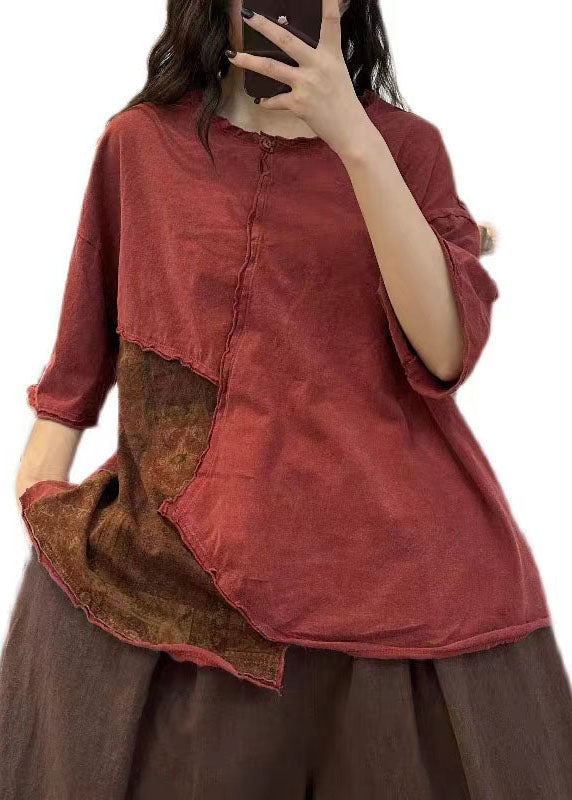 Red Asymmetrical Patchwork Cotton T Shirt Tops Summer