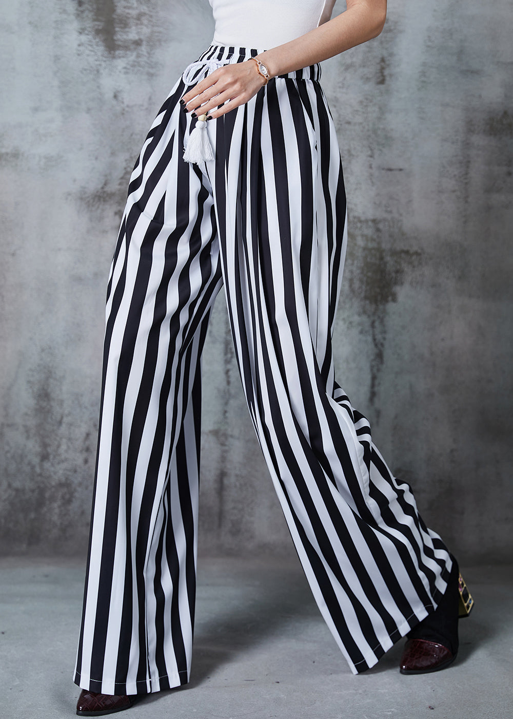 Black Tasseled Striped Cotton Straight Pants Summer