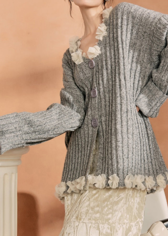 Grey Button Tulle Patchwork Cotton Knit Cardigan Winter