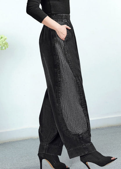Black Elastic Waist Pockets Patchwork Cotton Pants Trousers Fall