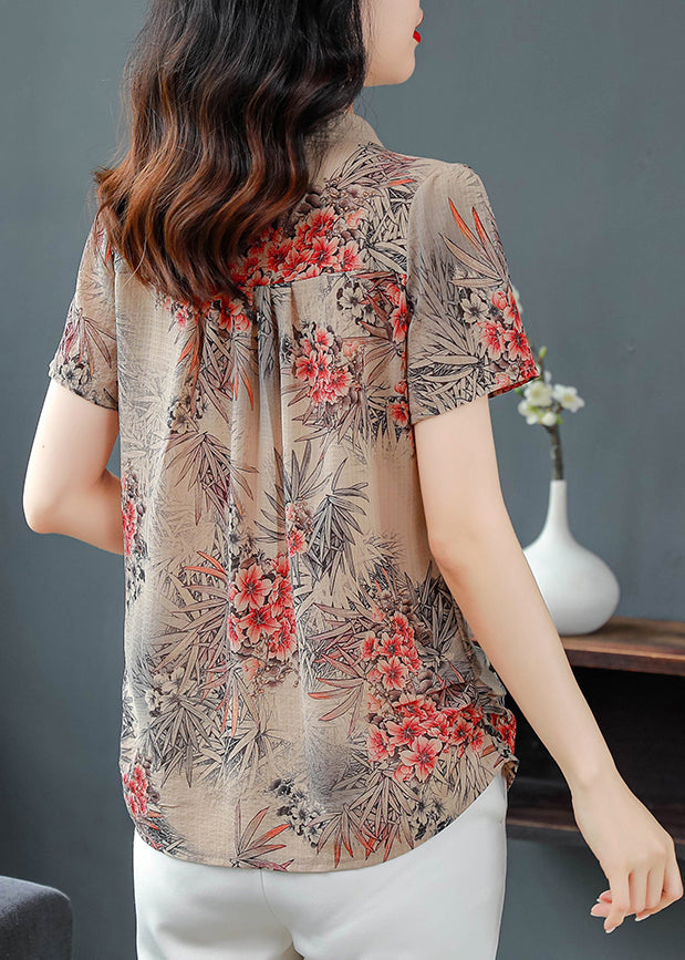 Red V Neck Print Chiffon Shirts Summer