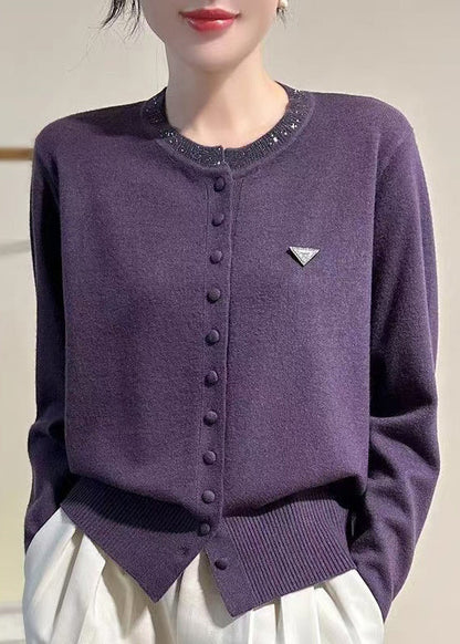 Slim Fit Purple O Neck Button Knit Coats Winter