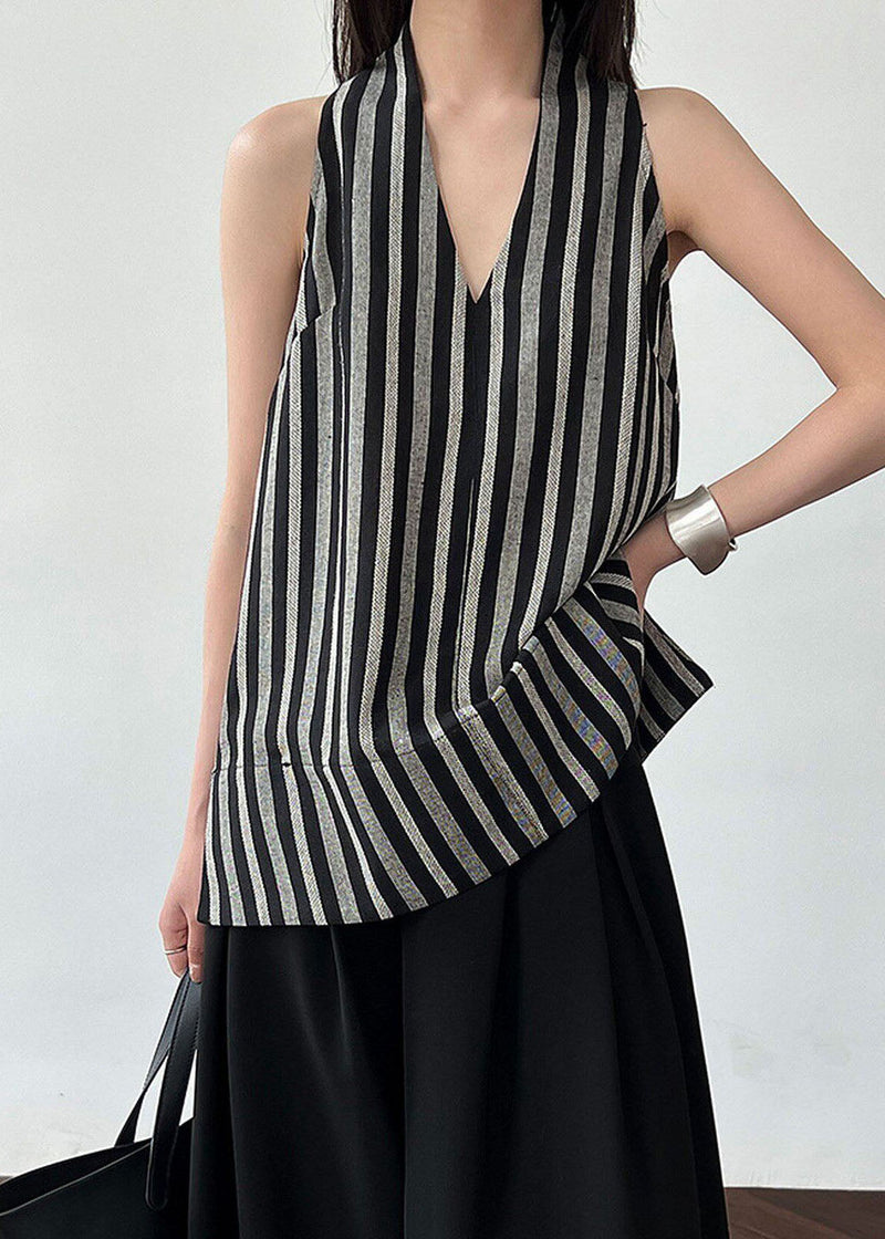 Black V Neck Striped Cotton Top Sleeveless
