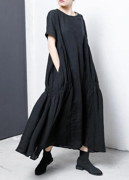 Linen Cotton Robes Pure Color Pleated A-line Dress