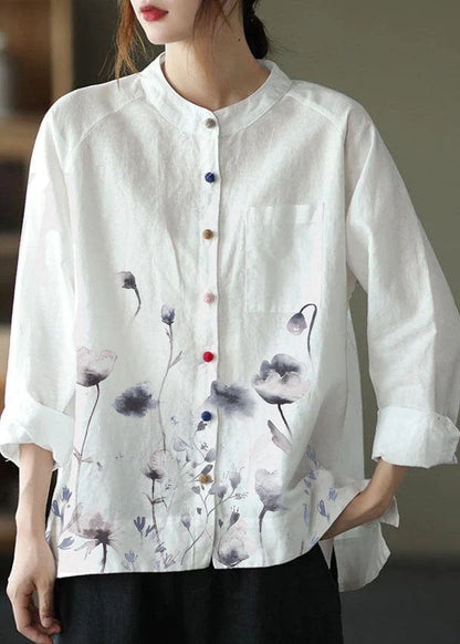 Modern White-bright Flowers Loose Patchwork Pockets Fall Long Sleeve Blouse Top