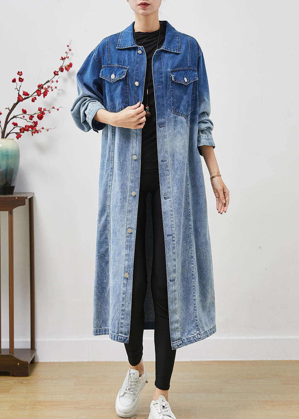 Gradient Color Pockets Denim Trench Coats Fall