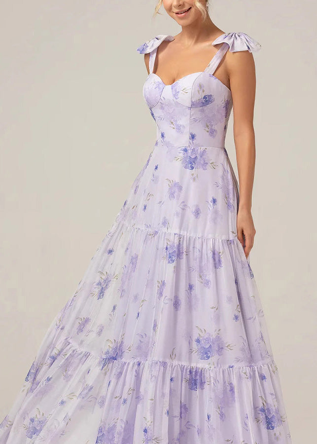 Purple Print Lace Up Chiffon Long Dress Summer