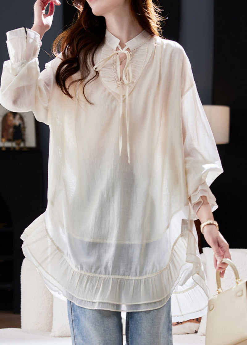 Apricot Patchwork Tie Lace Apricot Chiffon Shirt Flare Sleeve