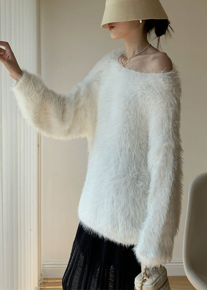 Simple White O-neck Mink Velvet Knit Sweater Winter