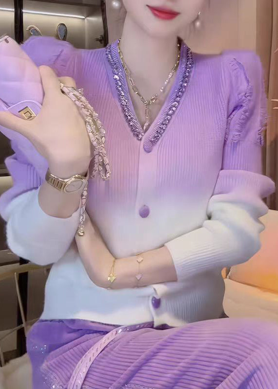Gradient Color V Neck Zircon Knit Cardigans Fall