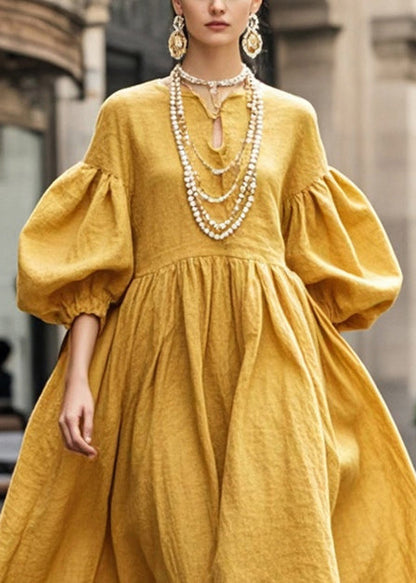 Yellow Exra Large Hem Cotton Maxi Dresses Lantern Sleeve