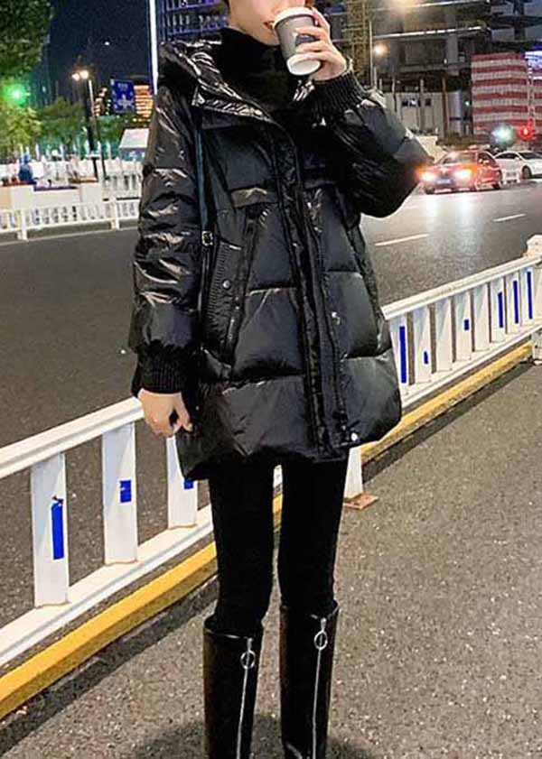 Black Hooded Pockets Fine Cotton Filled Parkas Winter