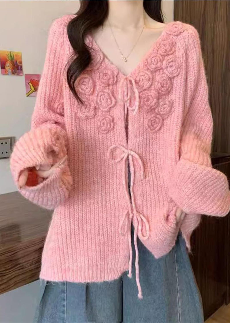 Pink Stereoscopic Thick Knit Cardigan Fall