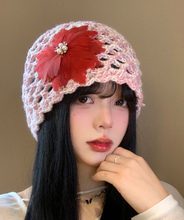 Handmade Pink Feather Hollow Out Knit Boonie Hat