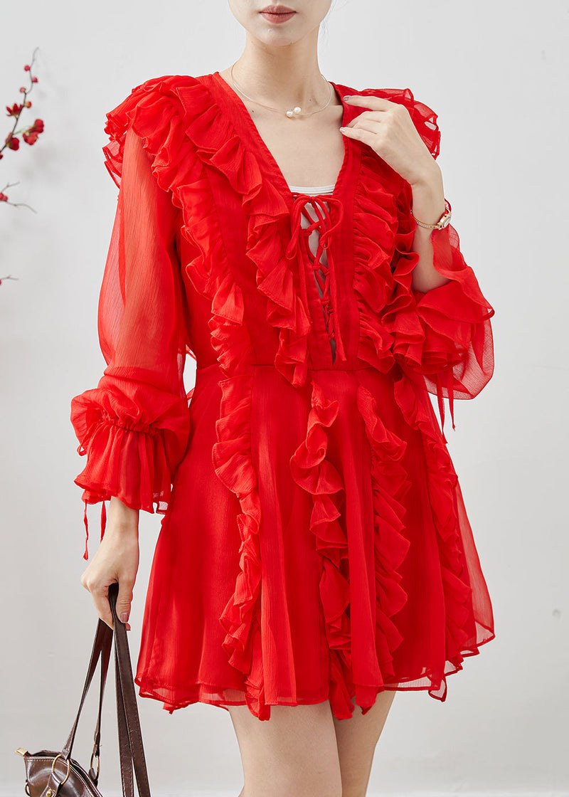 Red Ruffles Chiffon Mini Dresses Fall