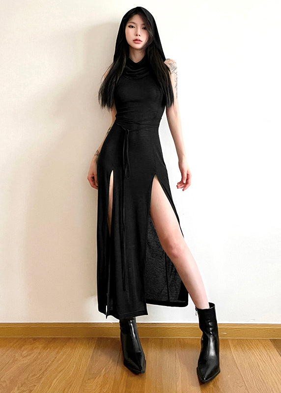 Vogue Army Green Turtleneck Side Open Hooded Long Dress Summer