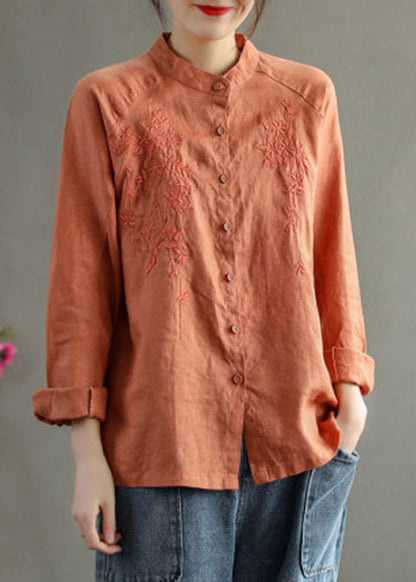 Chocolate Stand Collar Embroidered Button Linen Shirts Long Sleeve