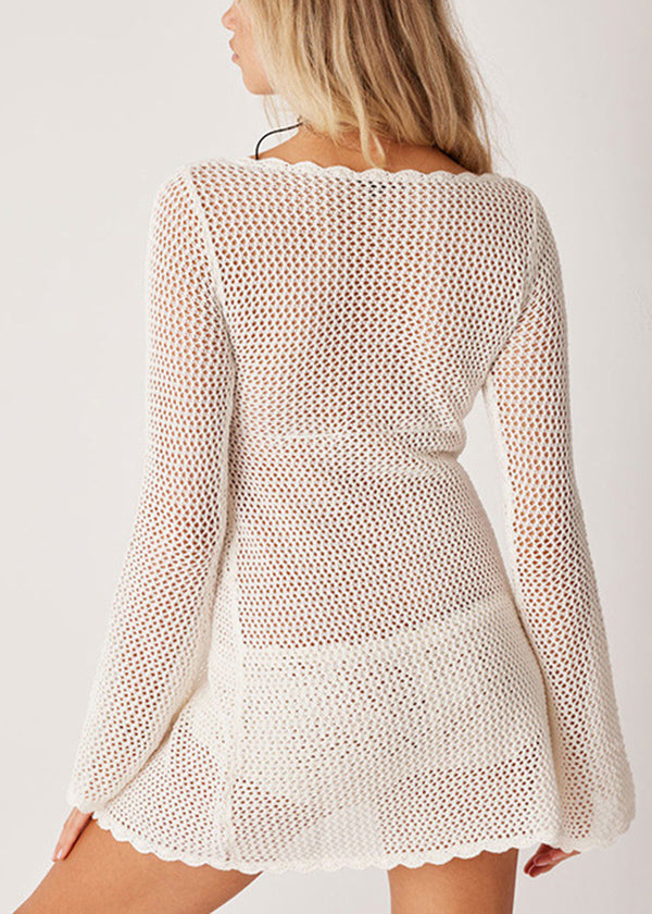 White Hollow Out Beach Knitted Cover Up
