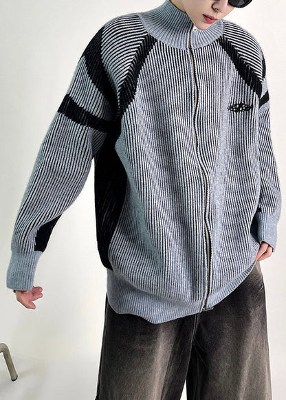 New Blue Striped Zip Up Knit Coat Fall