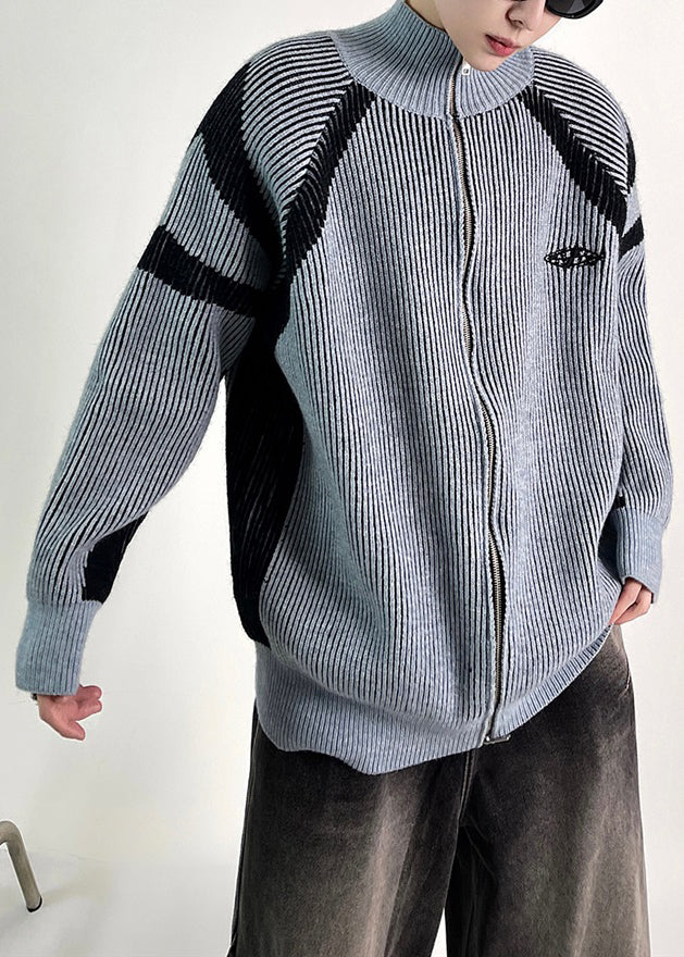 New Blue Striped Zip Up Knit Coat Fall