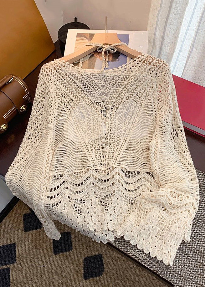 Apricot Hollow Out Lace Up Knit Two Pieces Set Spring
