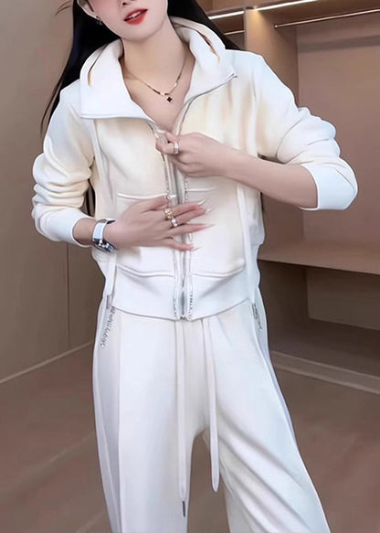 Loose White Hooded Zippered Coat and Pants Cotton Two Pieces Set Fall