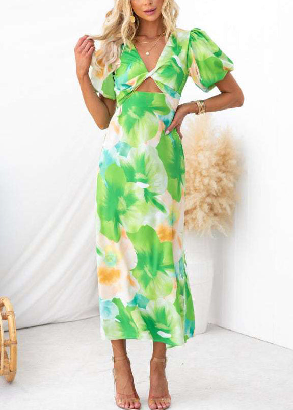 Green V Neck Puff Sleeve Print Hollow Out Cotton Long Dresses