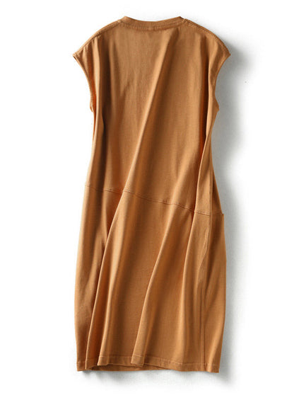 Slim Fit Orange O-neck Pockets Long Dress Short Sleeve